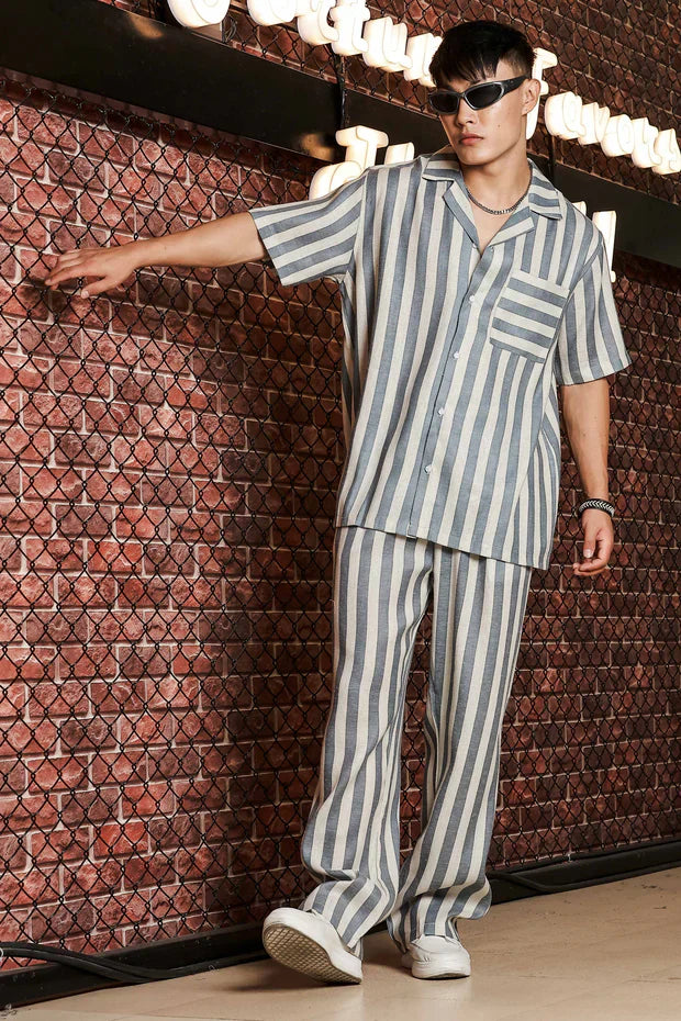 Blue & White Linen Blend Casual Relaxed Fit Short Sleeve Shirt & Gurkha Pants Co-Ord Set