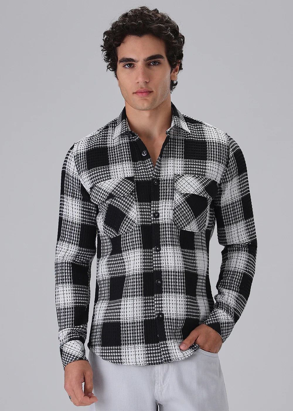 Black & White Waffle Plaid Check Shirt | Textured Style with Classic Edge