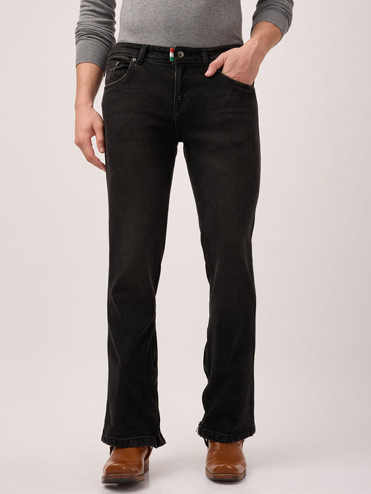 Men’s Bootcut Jeans Low Rise, Washed Charcoal Black with Bottom Zipper Detail