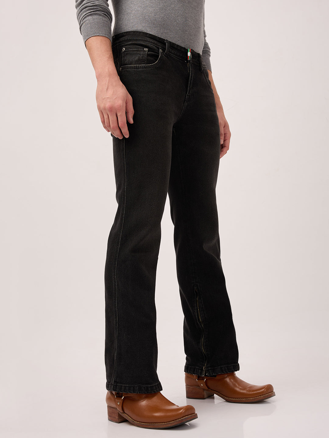 Men’s Bootcut Jeans Low Rise, Washed Charcoal Black with Bottom Zipper Detail