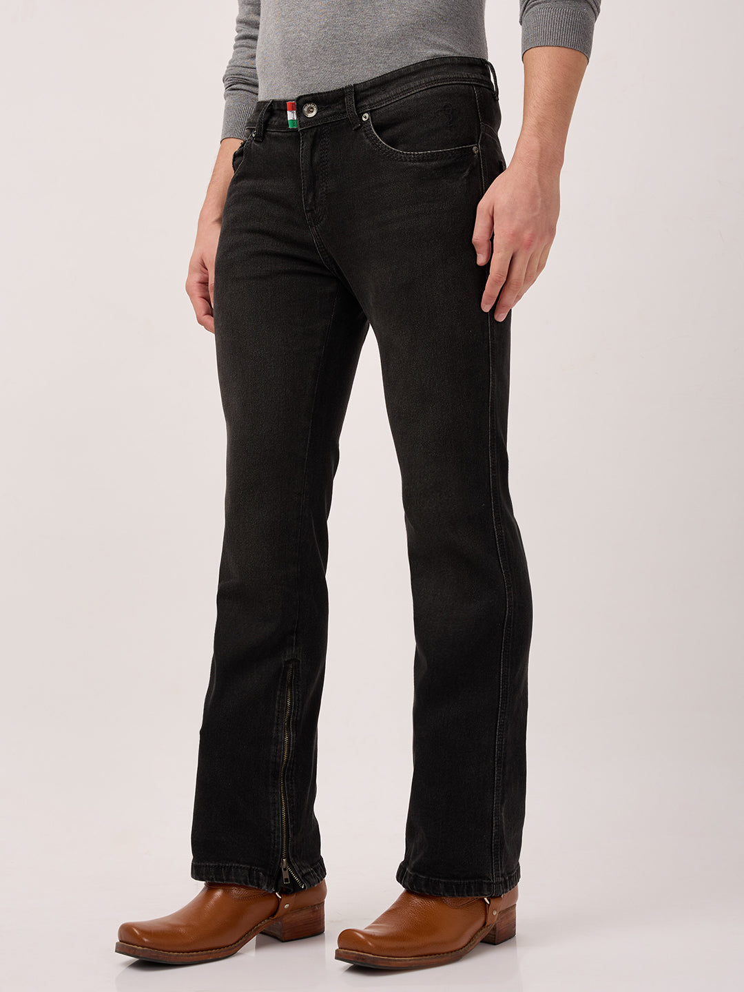 Men’s Bootcut Jeans Low Rise, Washed Charcoal Black with Bottom Zipper Detail