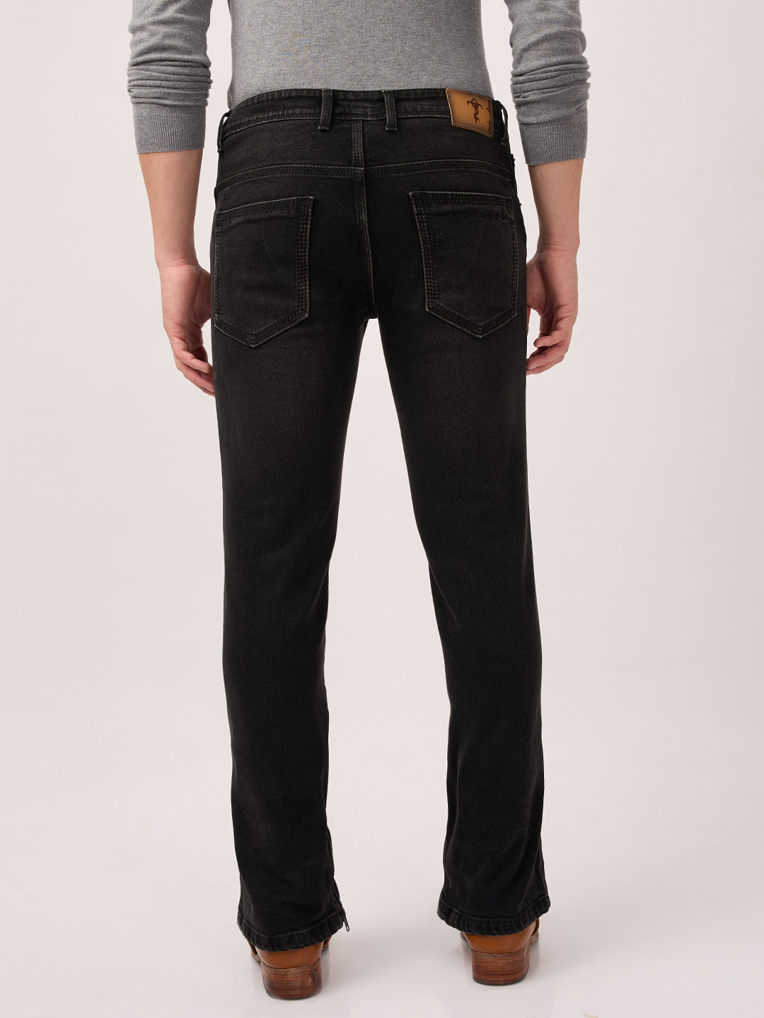 Men’s Bootcut Jeans Low Rise, Washed Charcoal Black with Bottom Zipper Detail