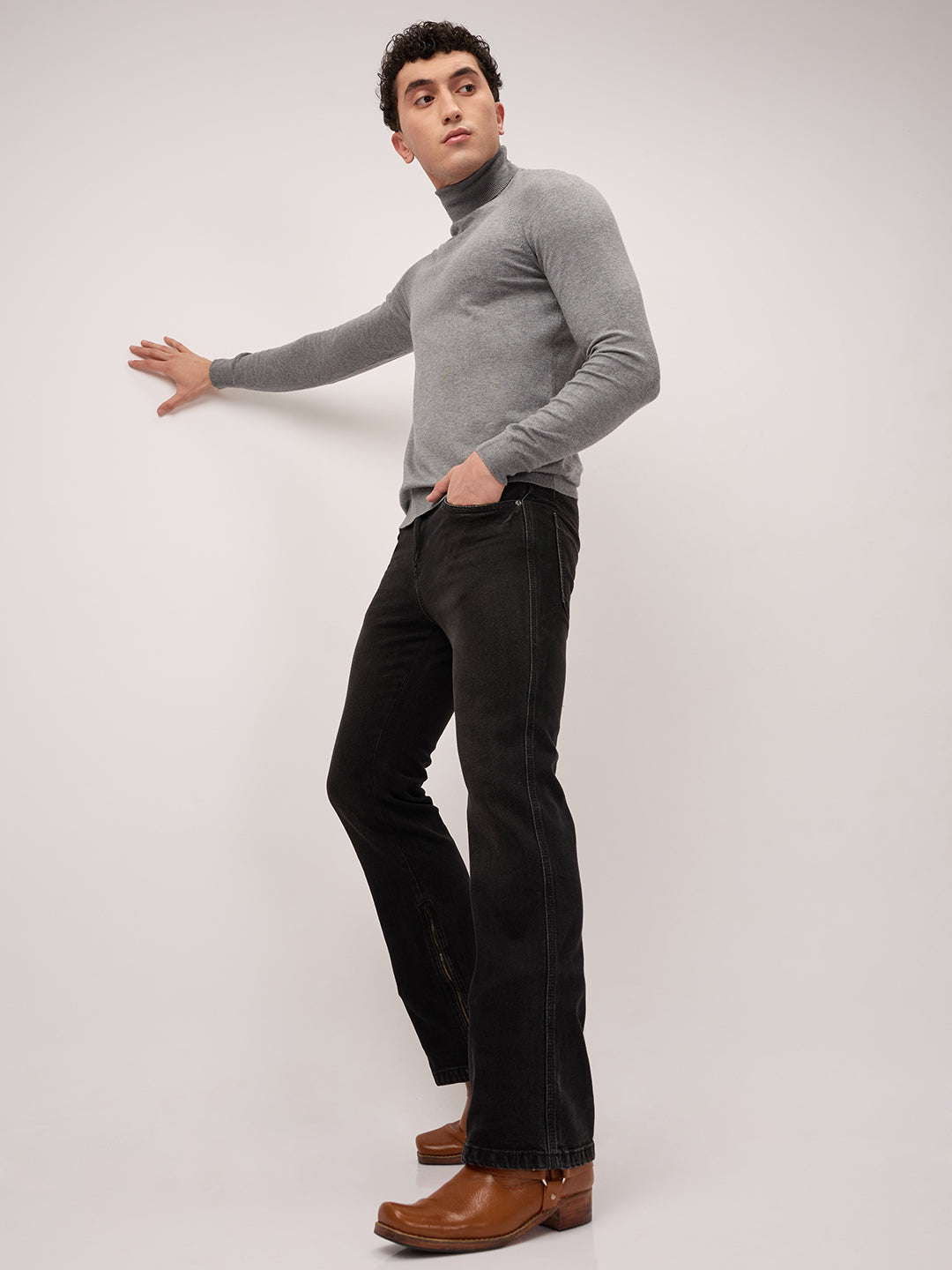 Men’s Bootcut Jeans Low Rise, Washed Charcoal Black with Bottom Zipper Detail