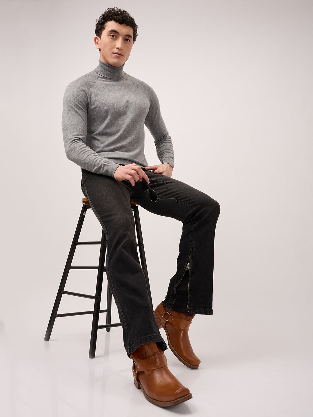 Men’s Bootcut Jeans Low Rise, Washed Charcoal Black with Bottom Zipper Detail