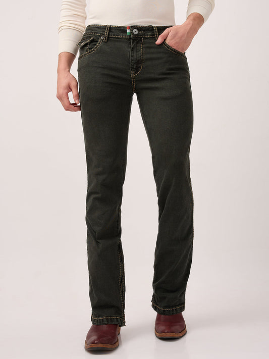 Men’s Bootcut Jeans with Zipper Bottom & Pocket Flaps Low Waist – Carbon Moss Black – Stretch Denim