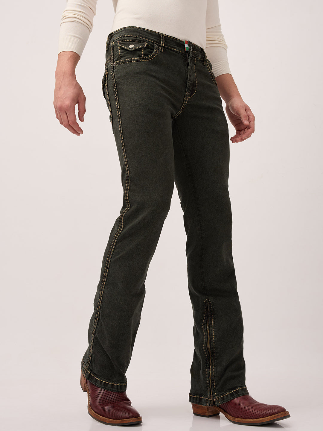 Men’s Bootcut Jeans with Zipper Bottom & Pocket Flaps Low Waist – Carbon Moss Black – Stretch Denim