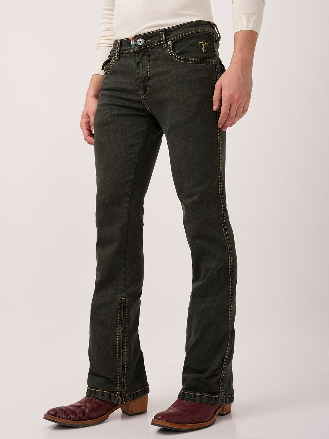 Men’s Bootcut Jeans with Zipper Bottom & Pocket Flaps Low Waist – Carbon Moss Black – Stretch Denim