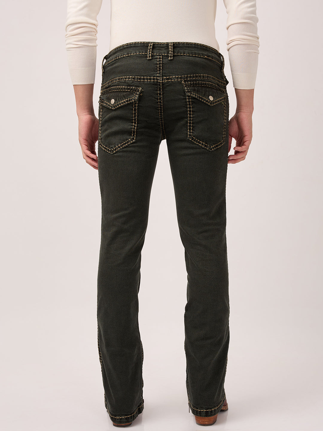 Men’s Bootcut Jeans with Zipper Bottom & Pocket Flaps Low Waist – Carbon Moss Black – Stretch Denim