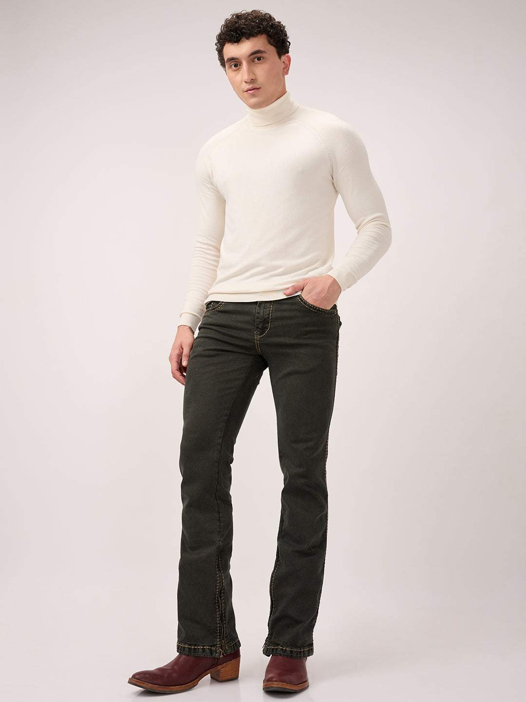 Men’s Bootcut Jeans with Zipper Bottom & Pocket Flaps Low Waist – Carbon Moss Black – Stretch Denim