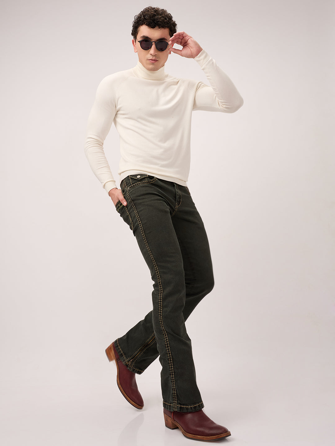 Men’s Bootcut Jeans with Zipper Bottom & Pocket Flaps Low Waist – Carbon Moss Black – Stretch Denim