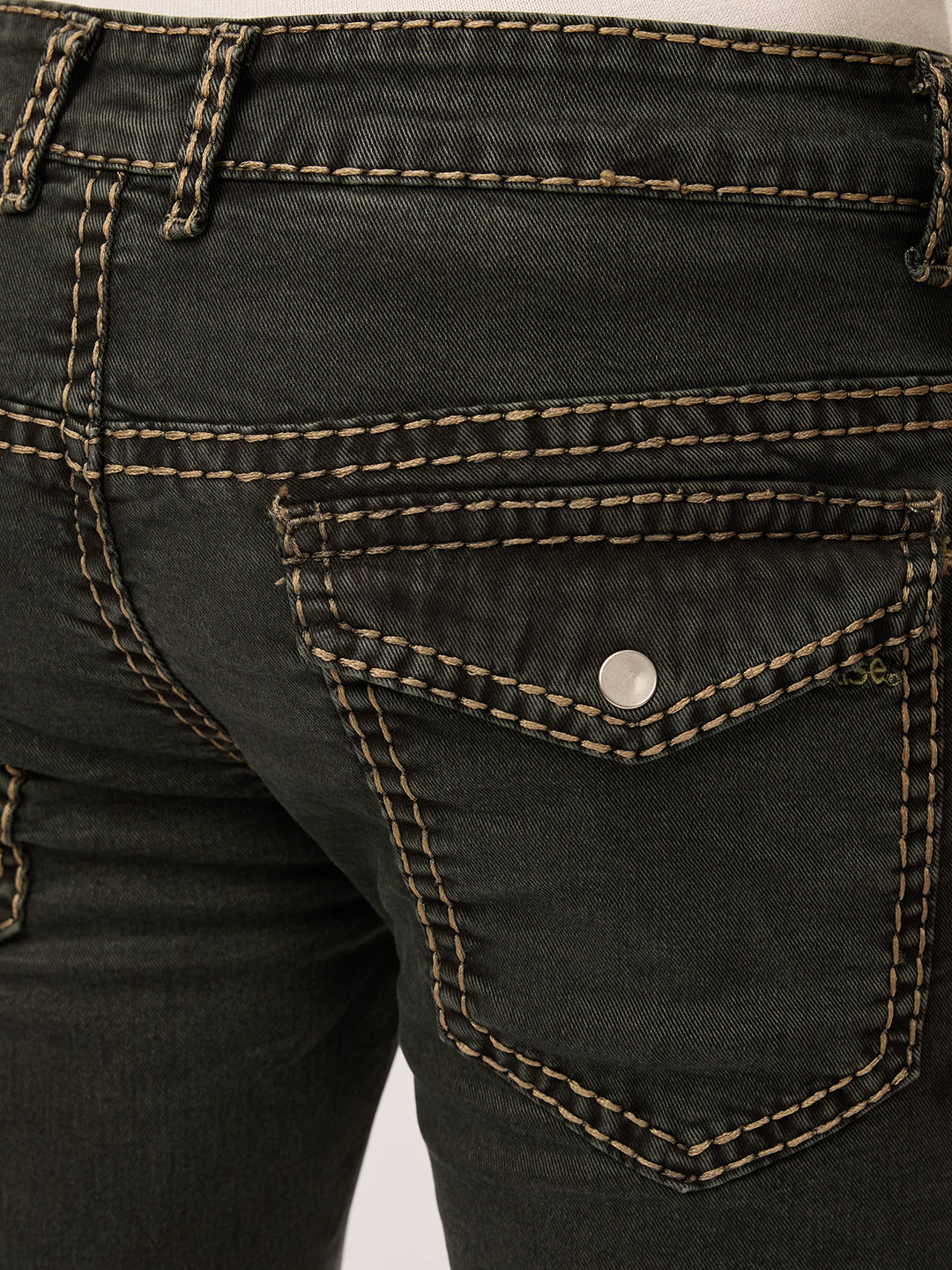 Men’s Bootcut Jeans with Zipper Bottom & Pocket Flaps Low Waist – Carbon Moss Black – Stretch Denim