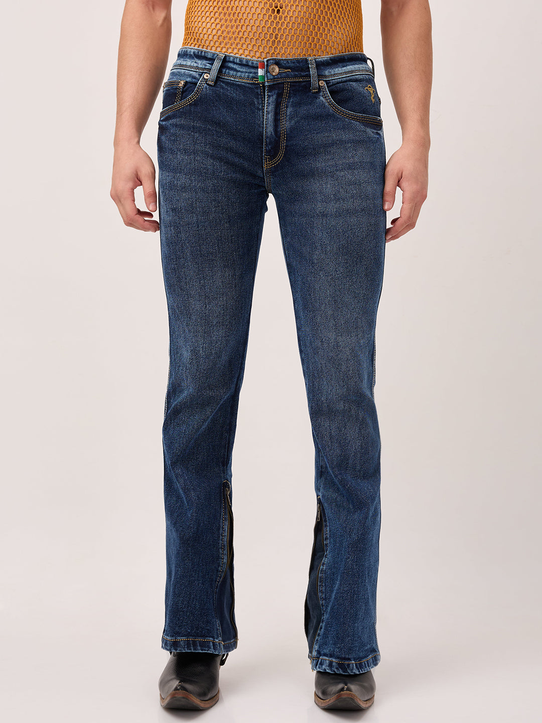 Men’s Bootcut Jeans in Indigo Stonewash – Zippered Ankle, Stretch Denim, Classic Western Slim Fit