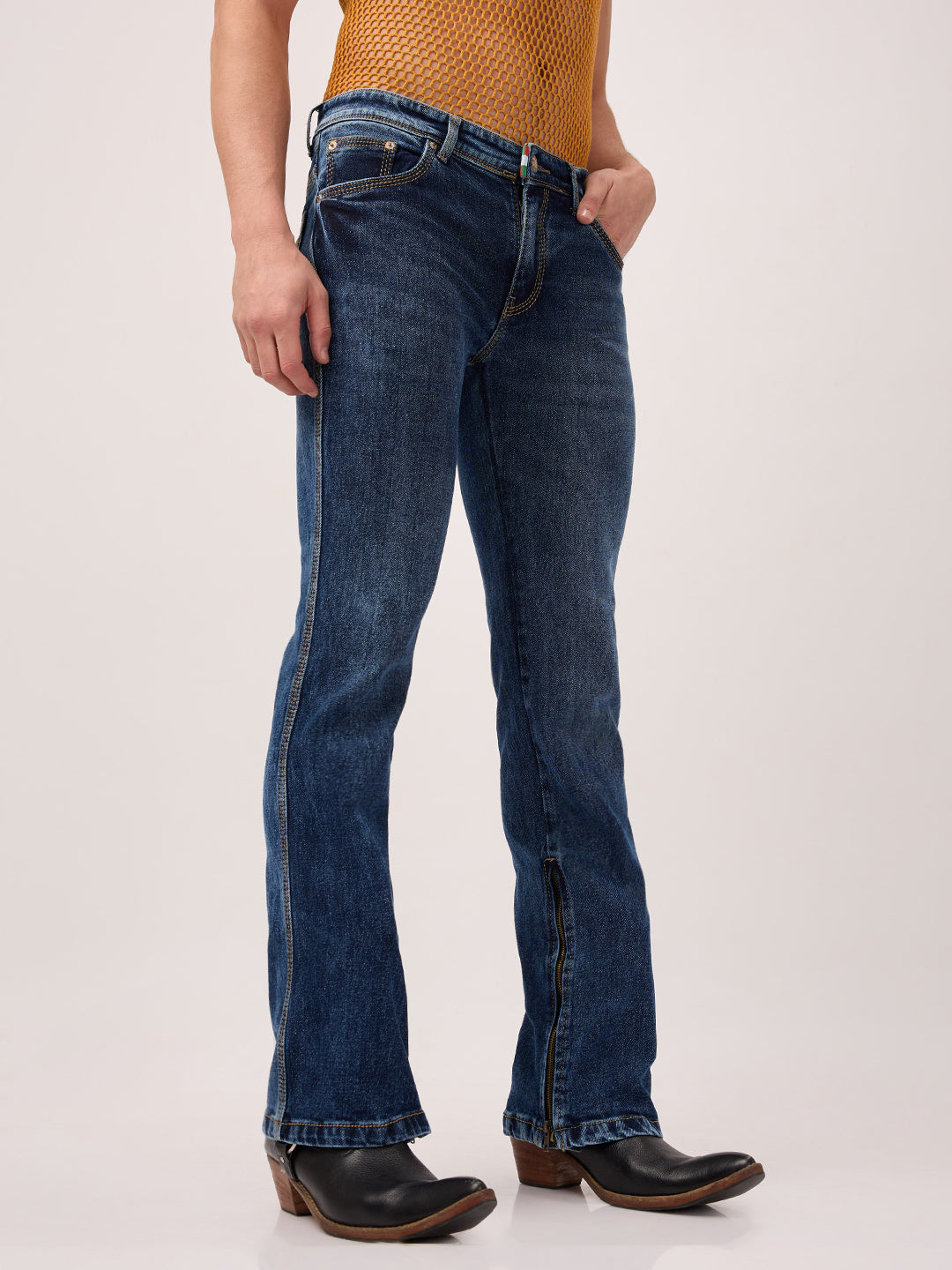 Men’s Bootcut Jeans in Indigo Stonewash – Zippered Ankle, Stretch Denim, Classic Western Slim Fit