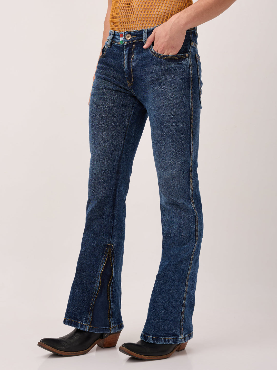 Men’s Bootcut Jeans in Indigo Stonewash – Zippered Ankle, Stretch Denim, Classic Western Slim Fit