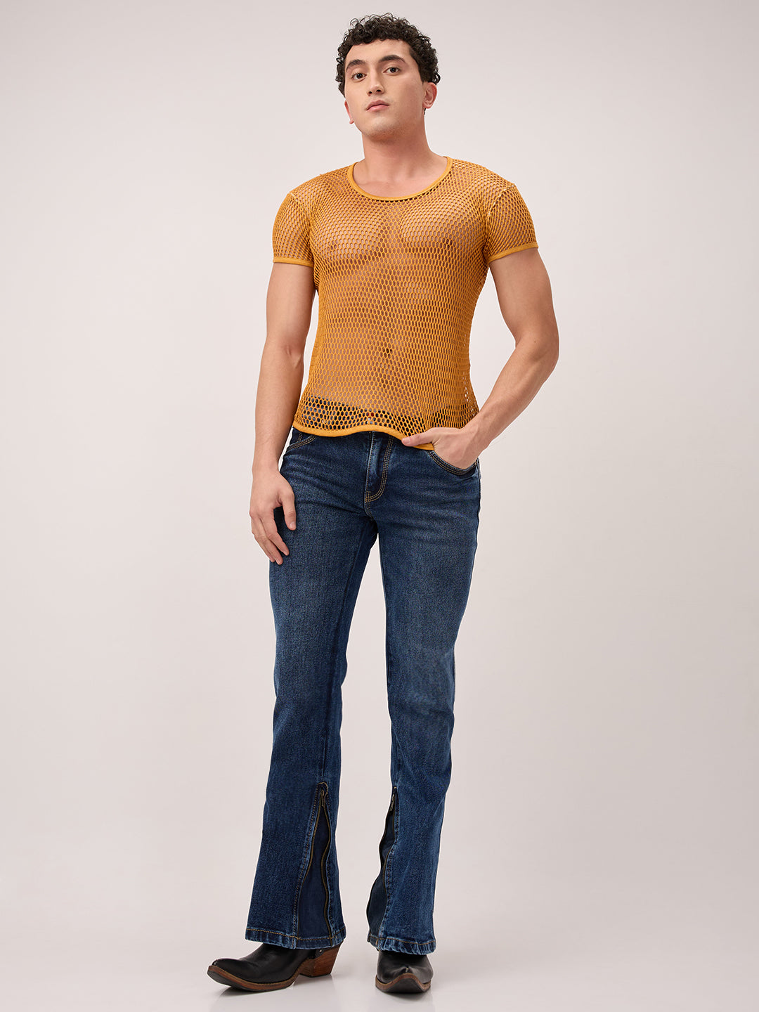 Men’s Bootcut Jeans in Indigo Stonewash – Zippered Ankle, Stretch Denim, Classic Western Slim Fit