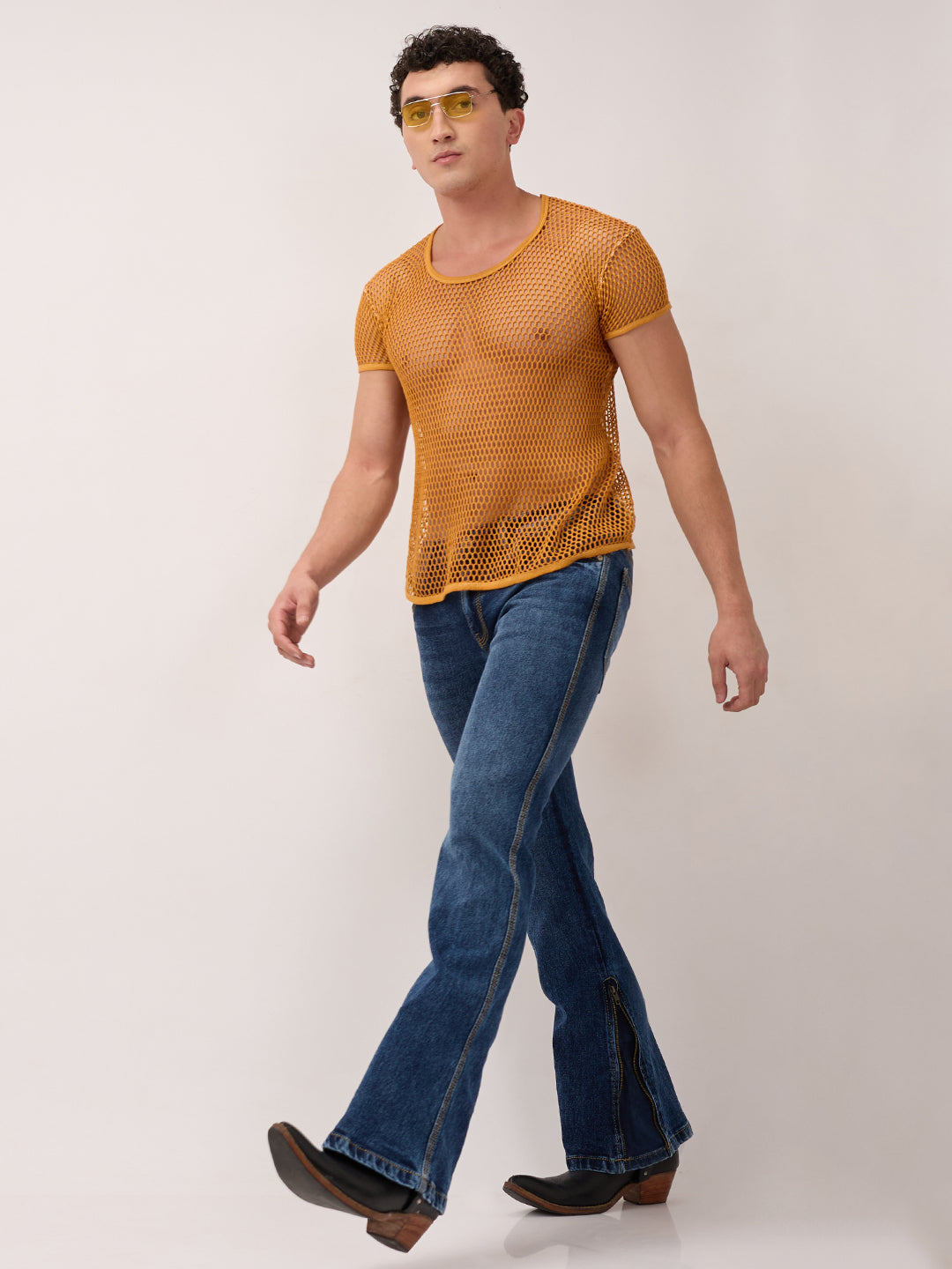 Men’s Bootcut Jeans in Indigo Stonewash – Zippered Ankle, Stretch Denim, Classic Western Slim Fit