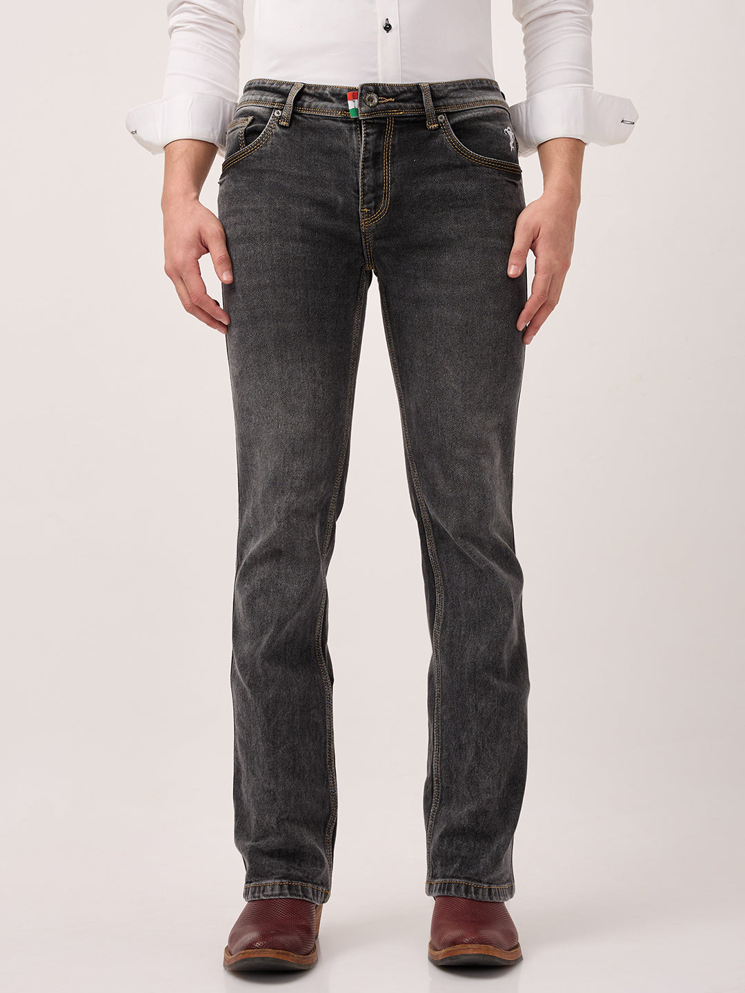 Men’s Bootcut Jeans in Charcoal Stone Wash – Low Rise, Contrast Stitch