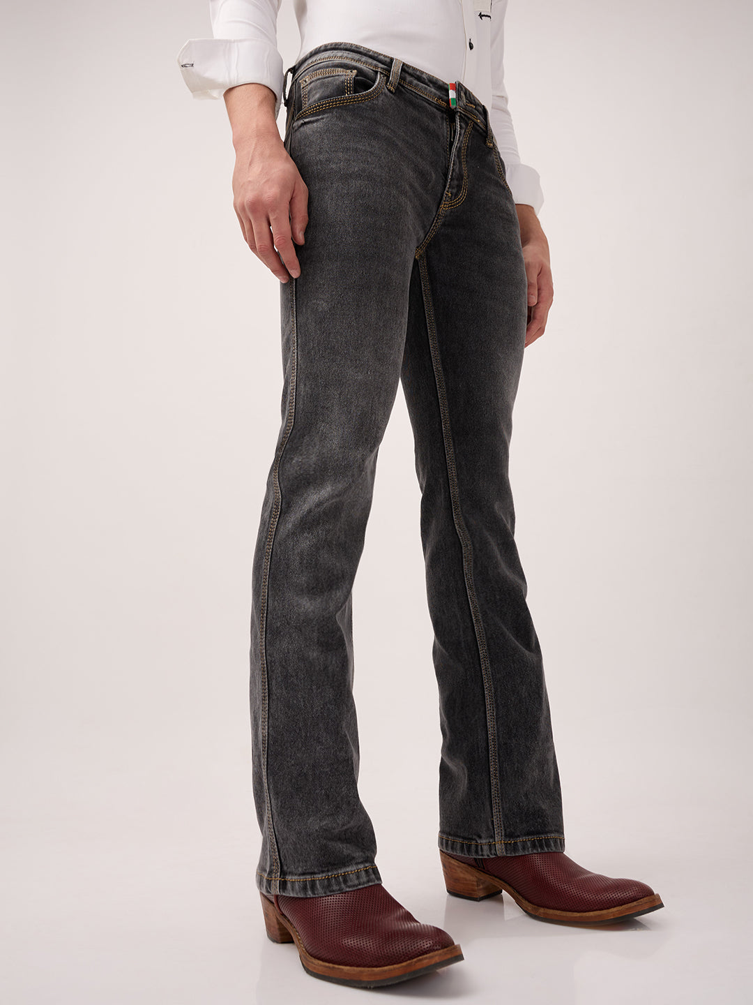 Men’s Bootcut Jeans in Charcoal Stone Wash – Low Rise, Contrast Stitch