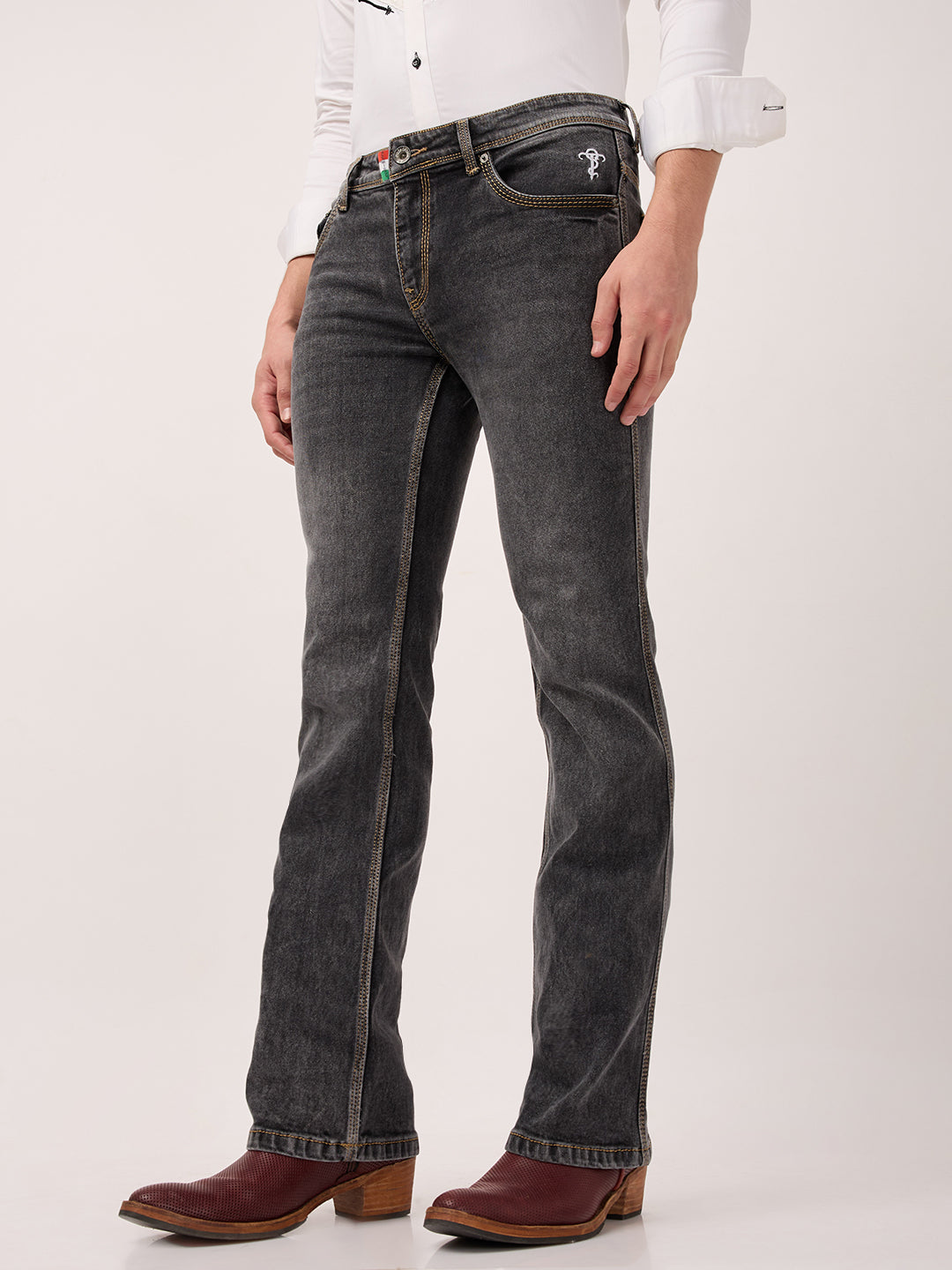 Men’s Bootcut Jeans in Charcoal Stone Wash – Low Rise, Contrast Stitch