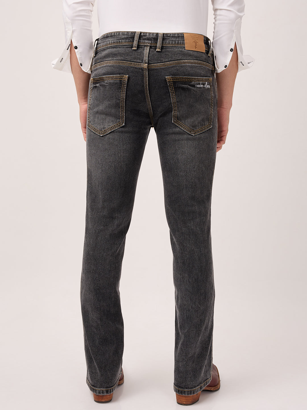 Men’s Bootcut Jeans in Charcoal Stone Wash – Low Rise, Contrast Stitch