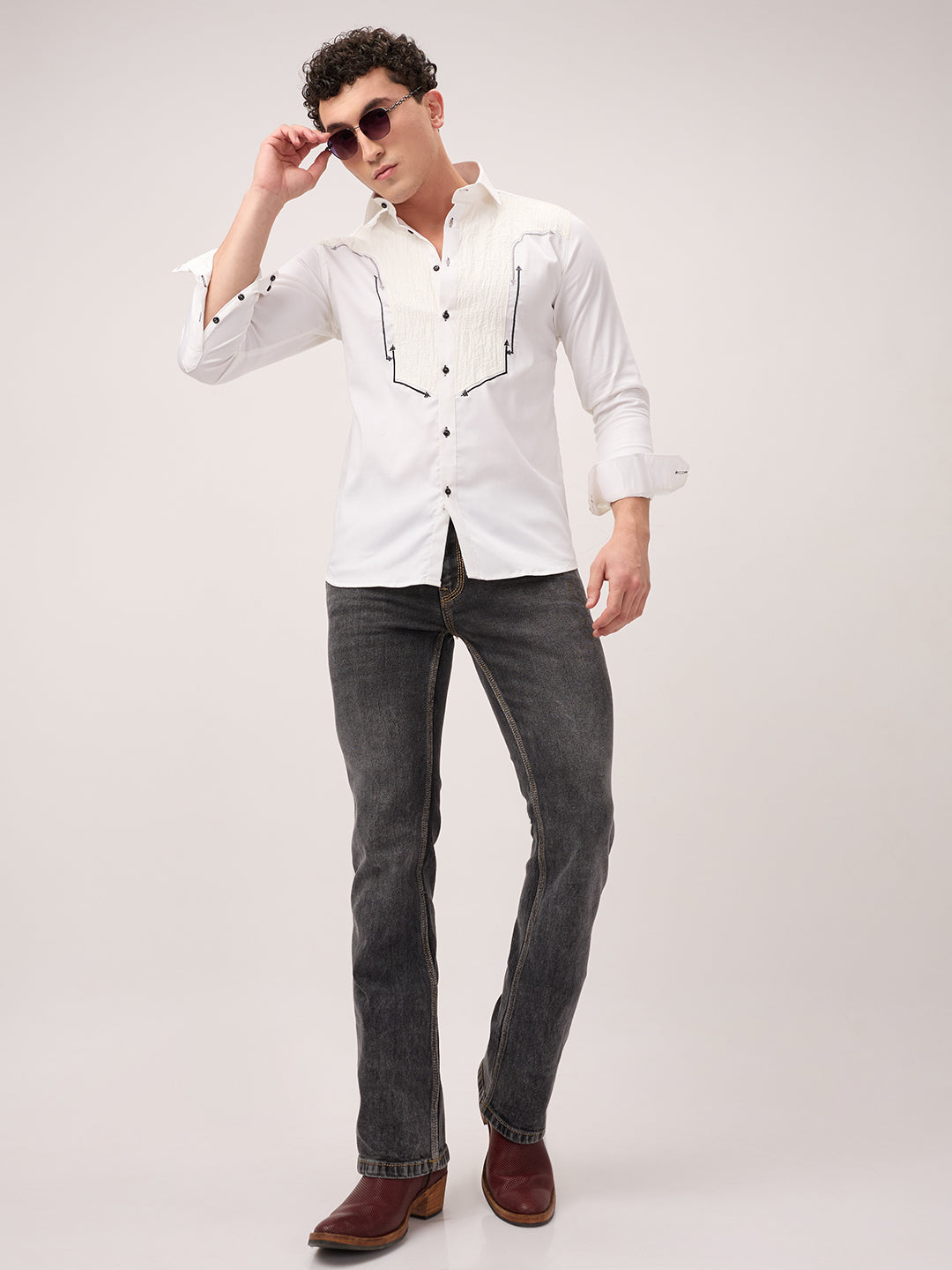 Men’s Bootcut Jeans in Charcoal Stone Wash – Low Rise, Contrast Stitch