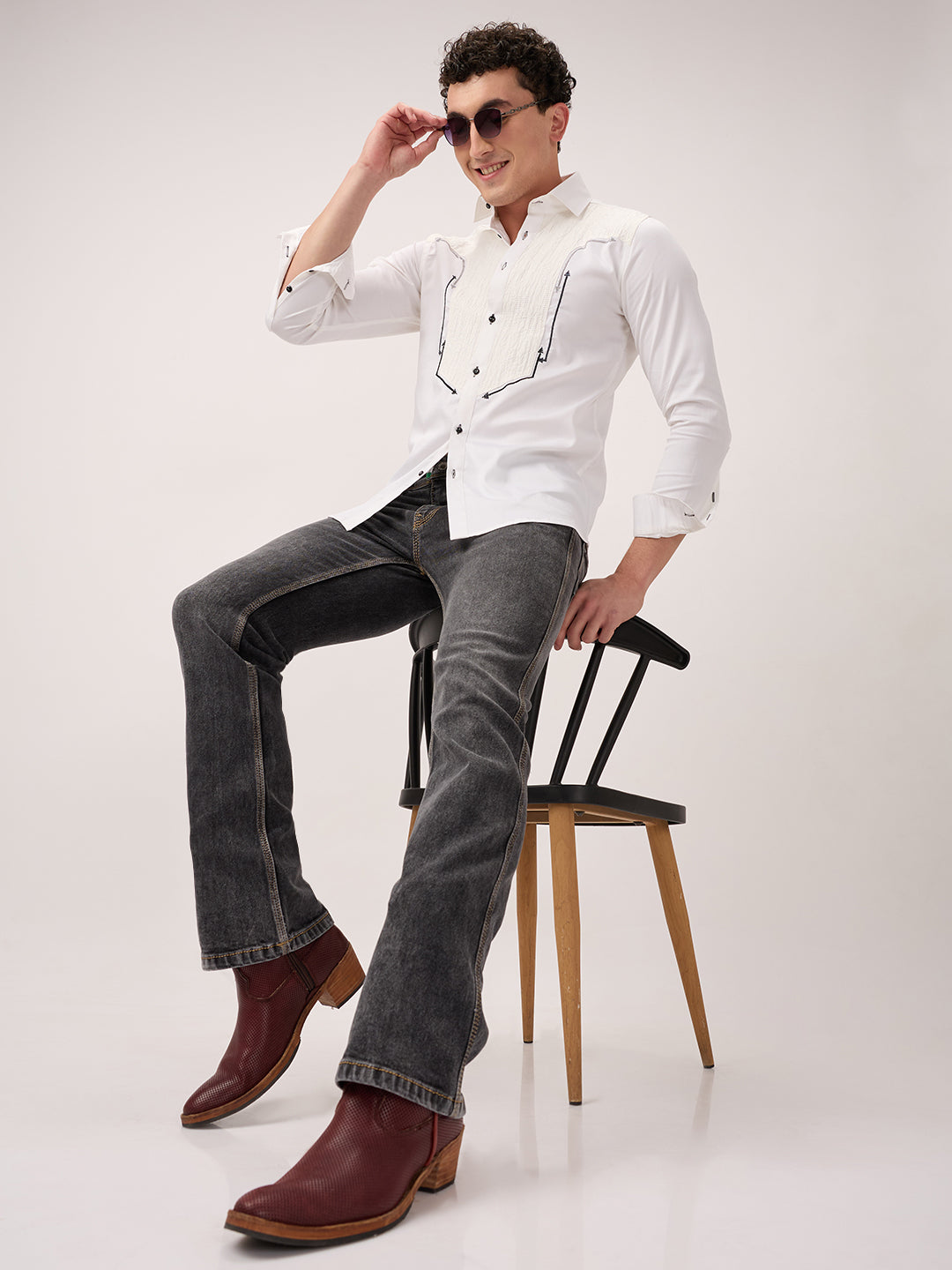 Men’s Bootcut Jeans in Charcoal Stone Wash – Low Rise, Contrast Stitch