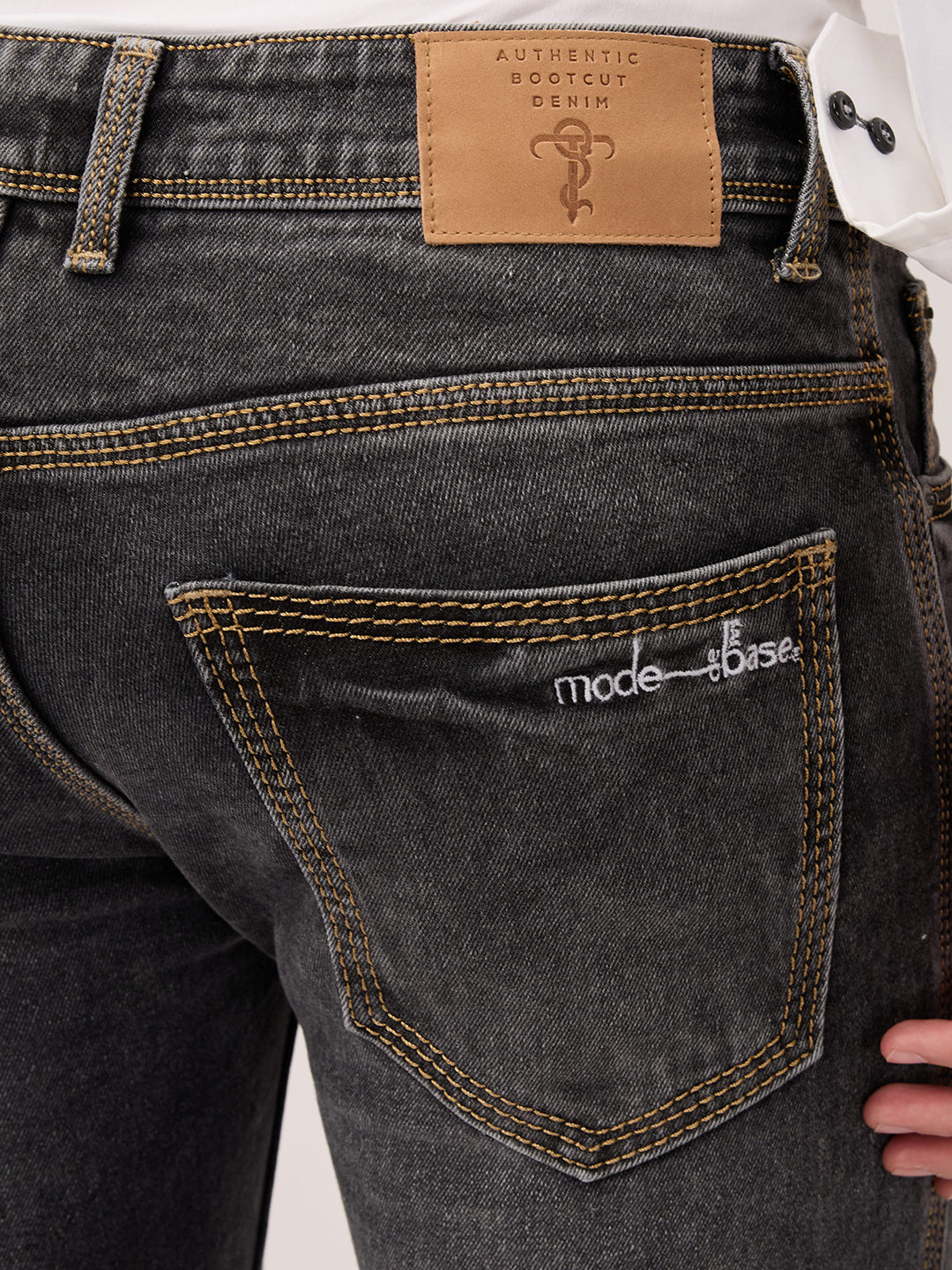 Men’s Bootcut Jeans in Charcoal Stone Wash – Low Rise, Contrast Stitch