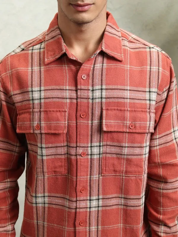 Highlander Men Rust Textured Dobby Checked Utlity Pocket Shirt