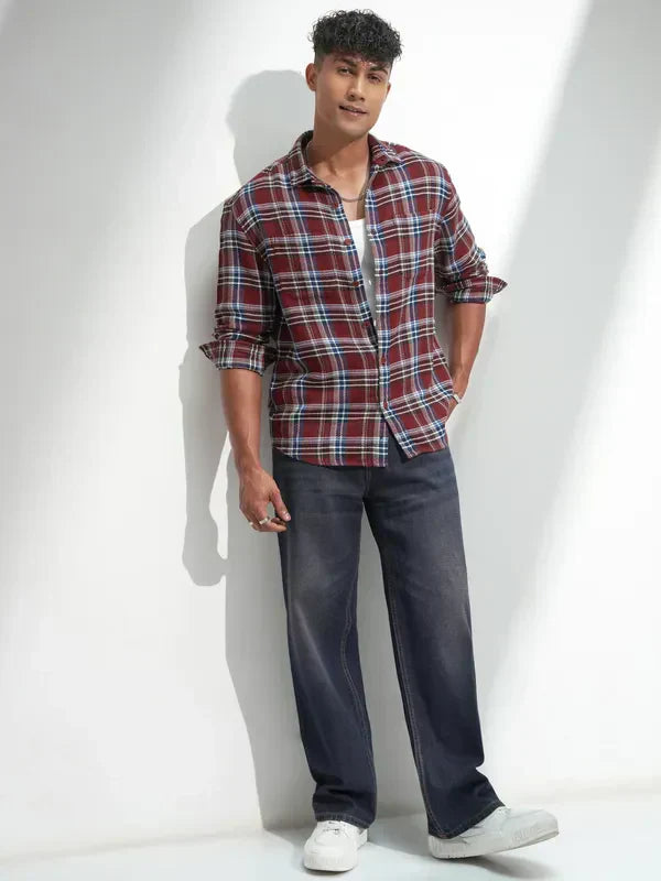 Highlander Men Rust Checked Relaxed Fit Casual Shirt