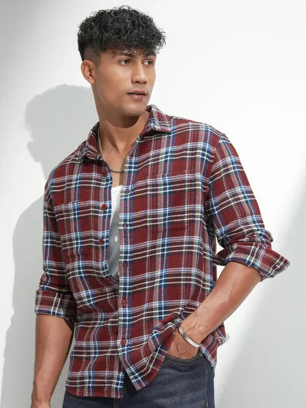 Highlander Men Rust Checked Relaxed Fit Casual Shirt