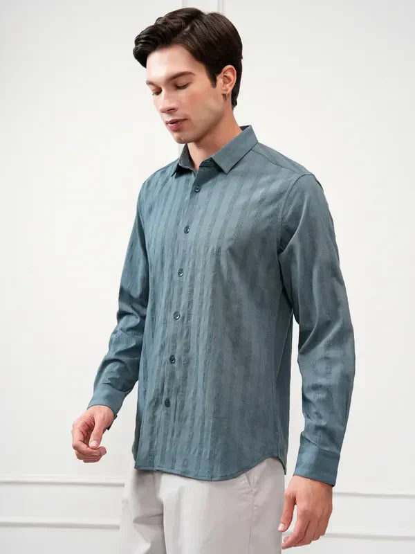 Highlander Men Teal Striped Slim Fit Casual Shirt