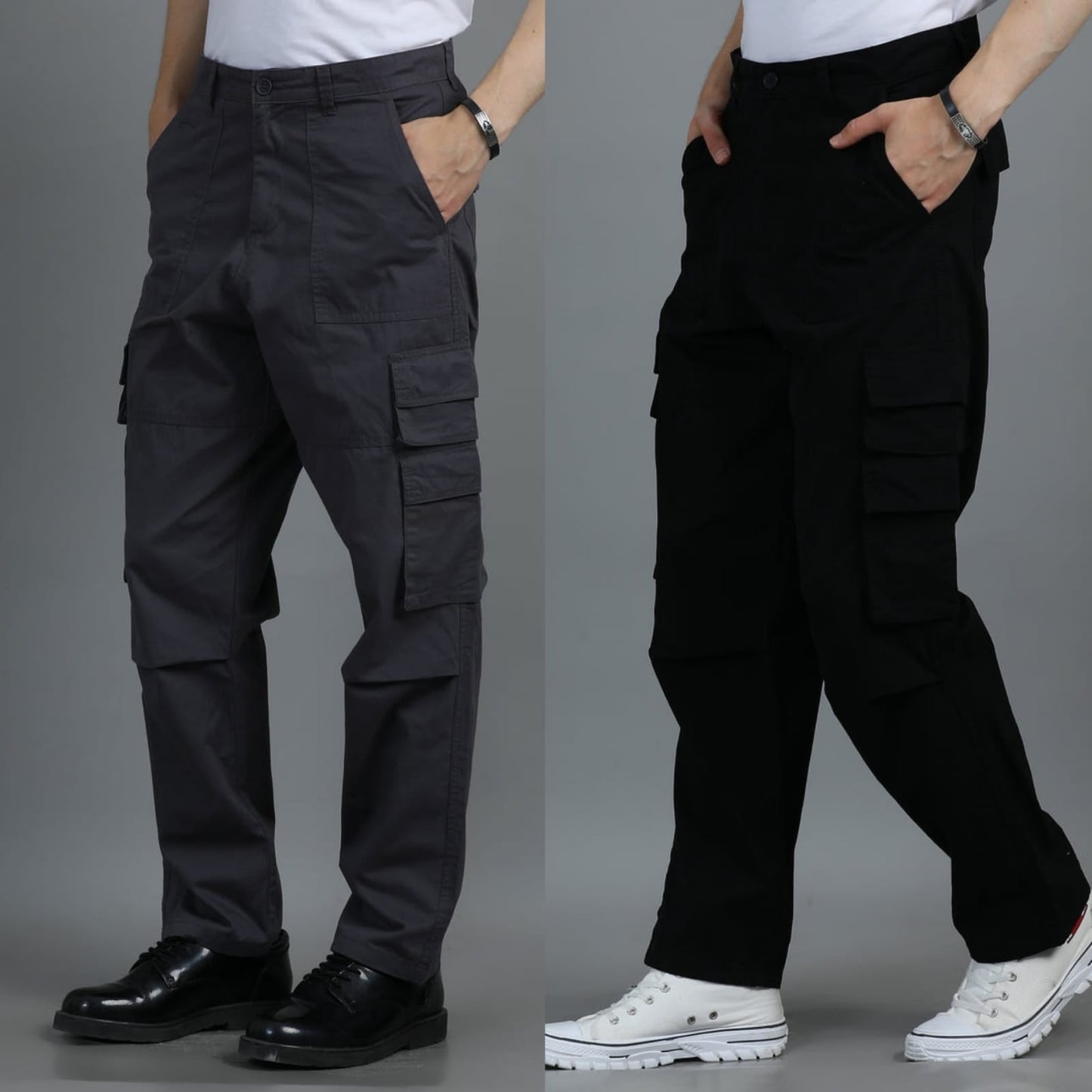 Pack of 2 Cotton Relaxed Fit Cargo Trousers, Charcoal Grey Black