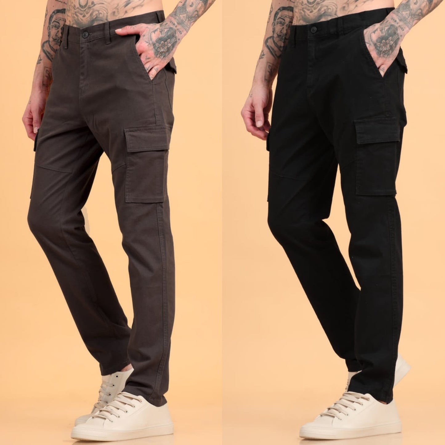 Pack of 2 Cotton Regular Fit Cargo Trousers, BLACK BROWN