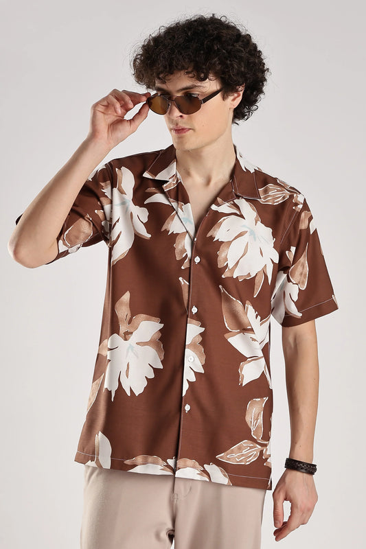 Brown floral printed hawaiian short sleeve shirt