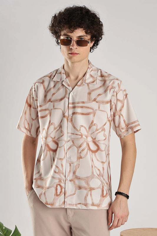 Biege flower printed short sleeve shirt