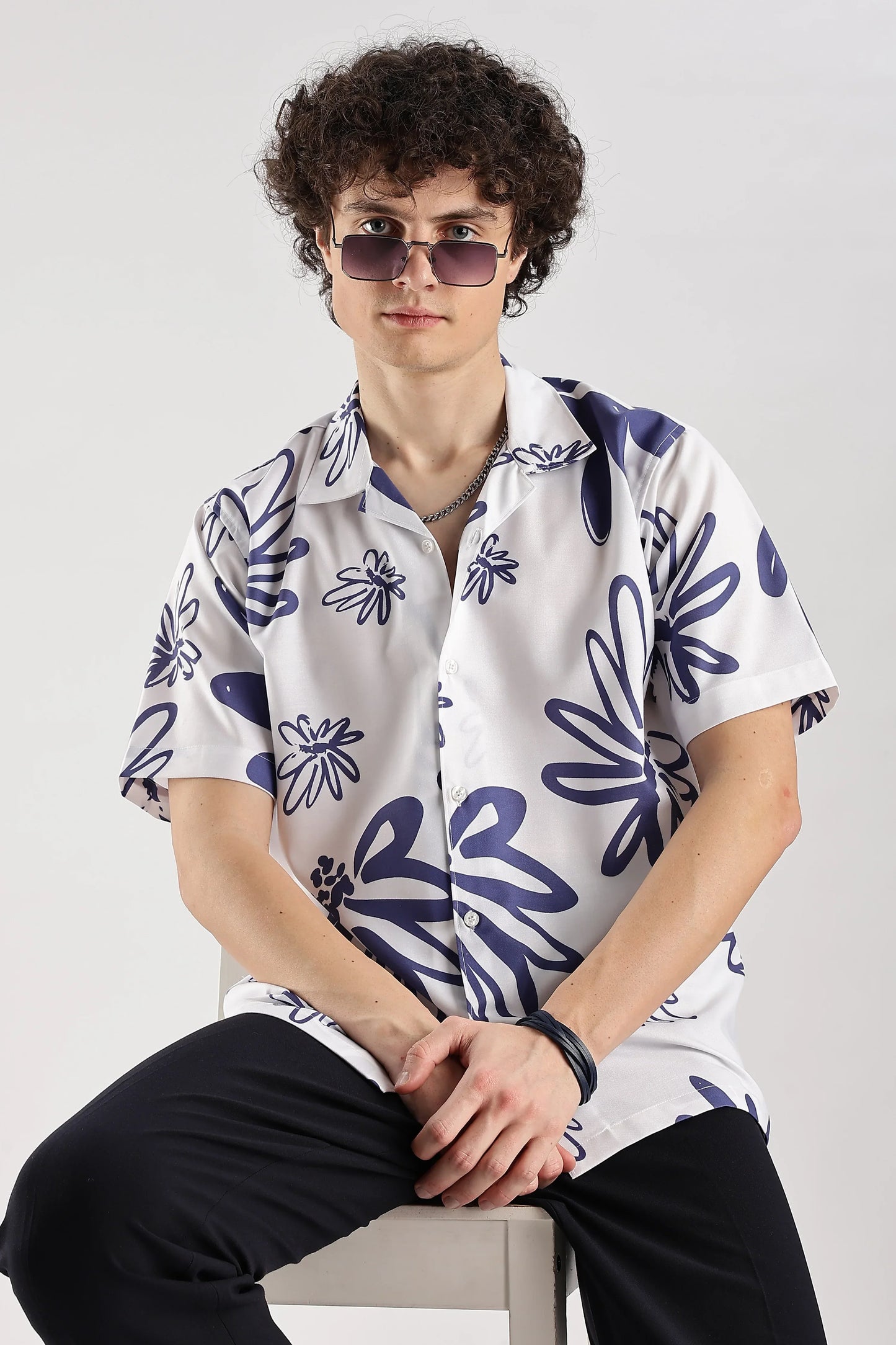 White floral printed hawaiian shirt