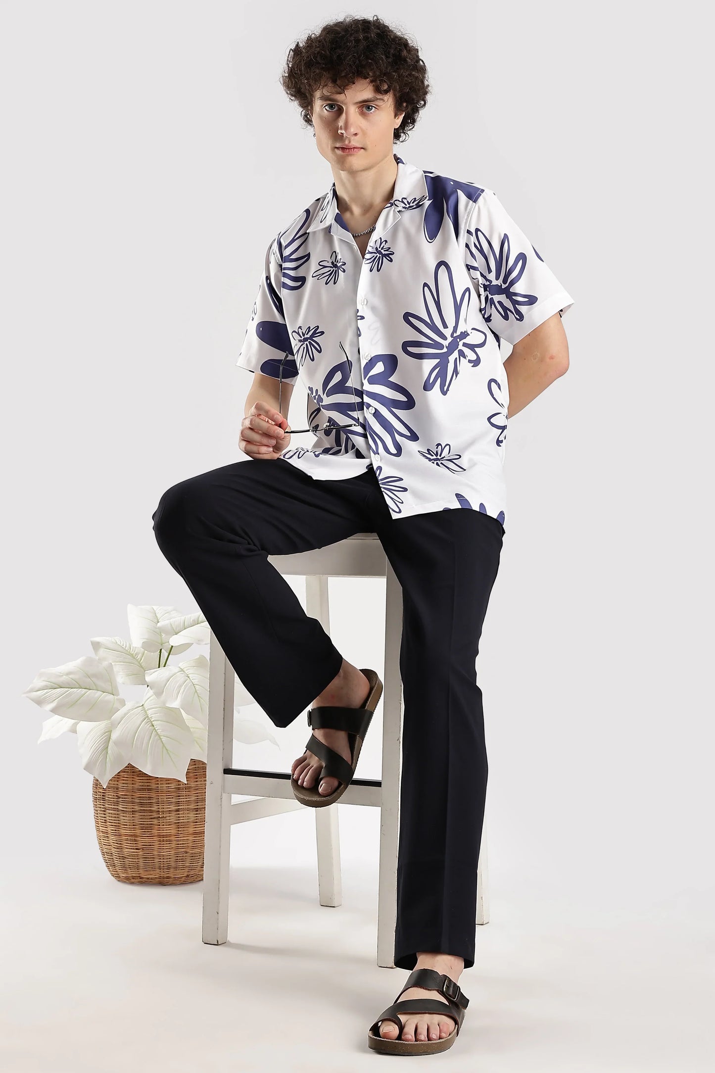 White floral printed hawaiian shirt