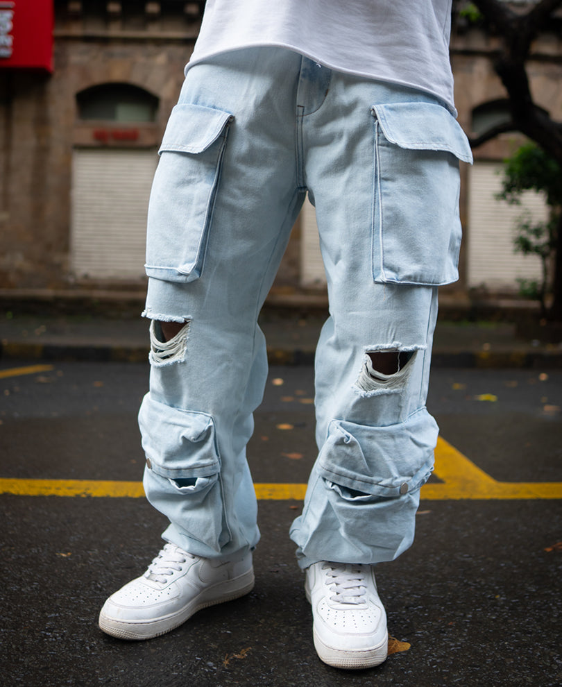 Ice Blue Torn Baggy Fit Cargo Denim Jeans