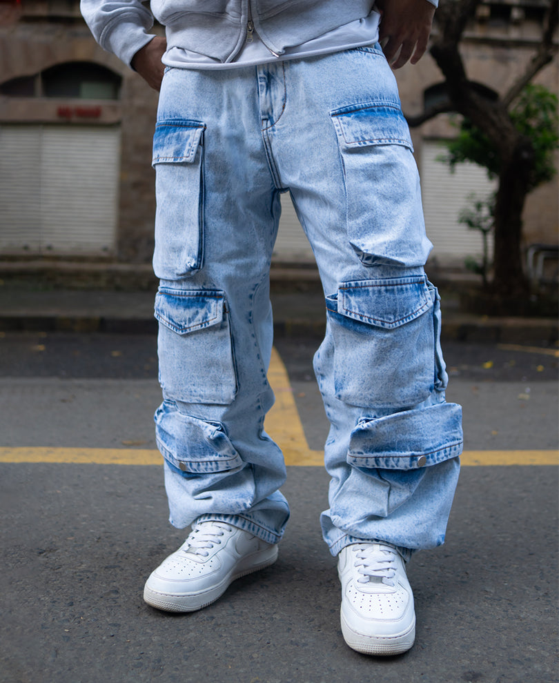 Ice Blue Baggy Fit Cargo Denim Jeans