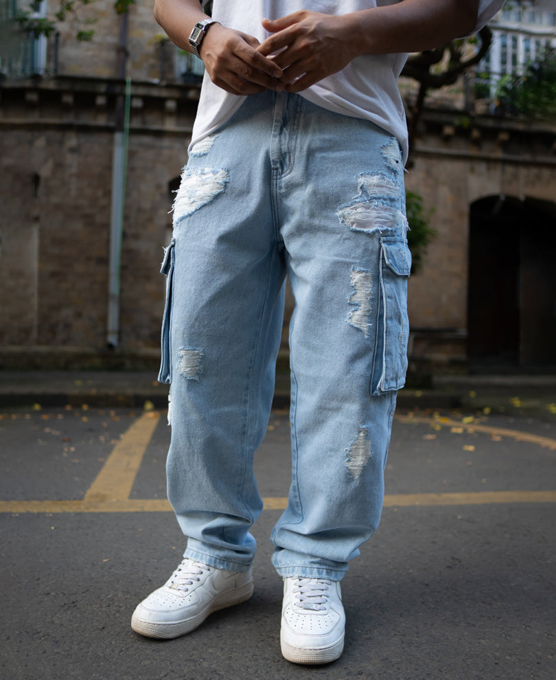 Ice Blue Baggy Fit Distressed Cargo Jeans