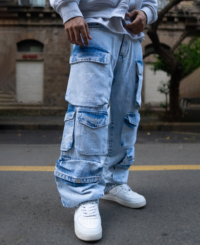 Ice Blue Baggy Fit Cargo Denim Jeans