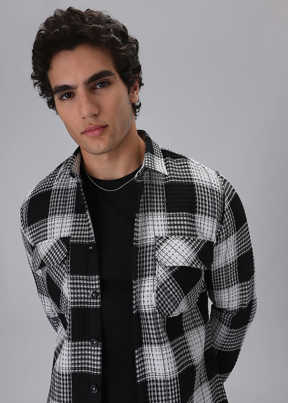 Black & White Waffle Plaid Check Shirt | Textured Style with Classic Edge