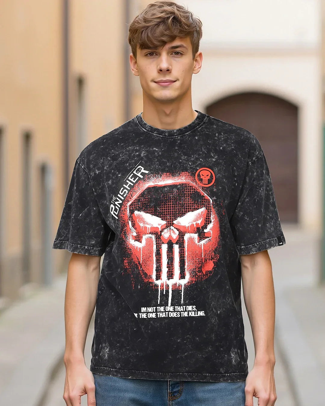 Men's Black Punisher Graphic Printed Oversized Acid Wash T-shirt