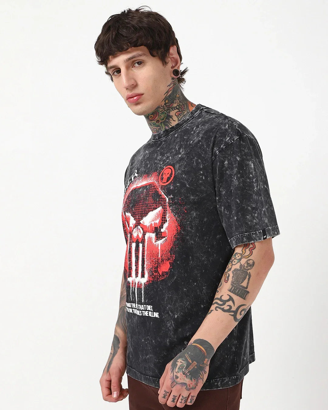 Men's Black Punisher Graphic Printed Oversized Acid Wash T-shirt