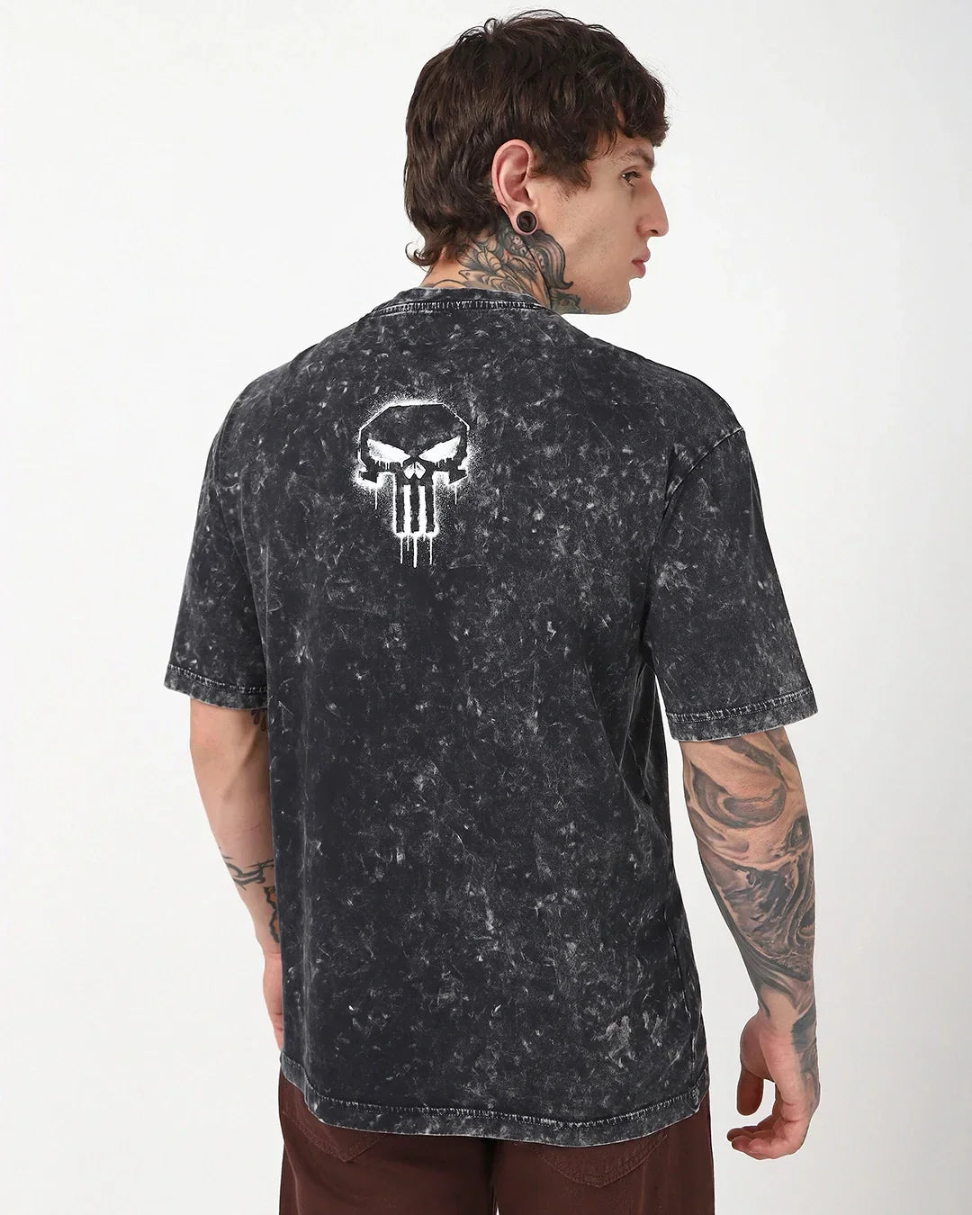 Men's Black Punisher Graphic Printed Oversized Acid Wash T-shirt