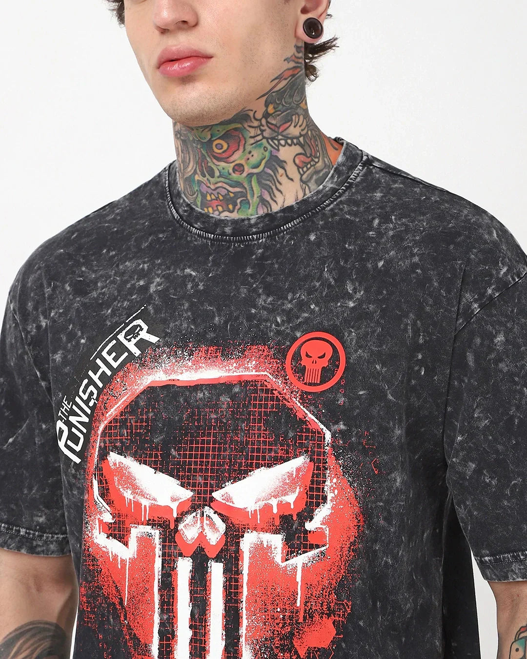 Men's Black Punisher Graphic Printed Oversized Acid Wash T-shirt