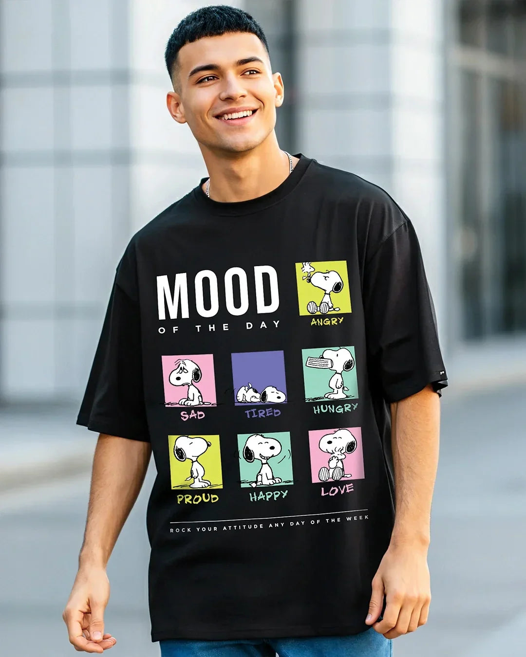 Men's Black Snoopy Mood Graphic Printed Oversized T-shirt
