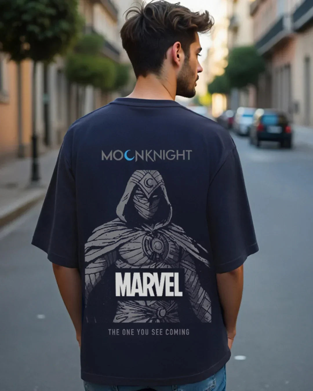 Men's Blue Marvel Moon Knight Graphic Printed Oversized T-shirt