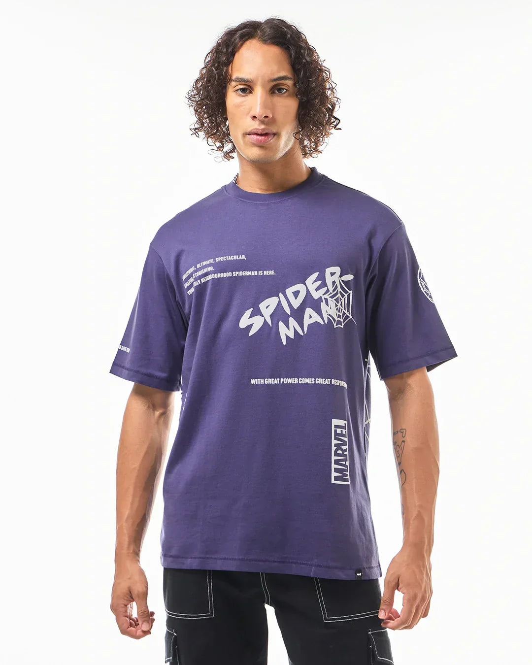 Men's Skipper Blue Spider Man Graphic Printed Oversized T-shirt