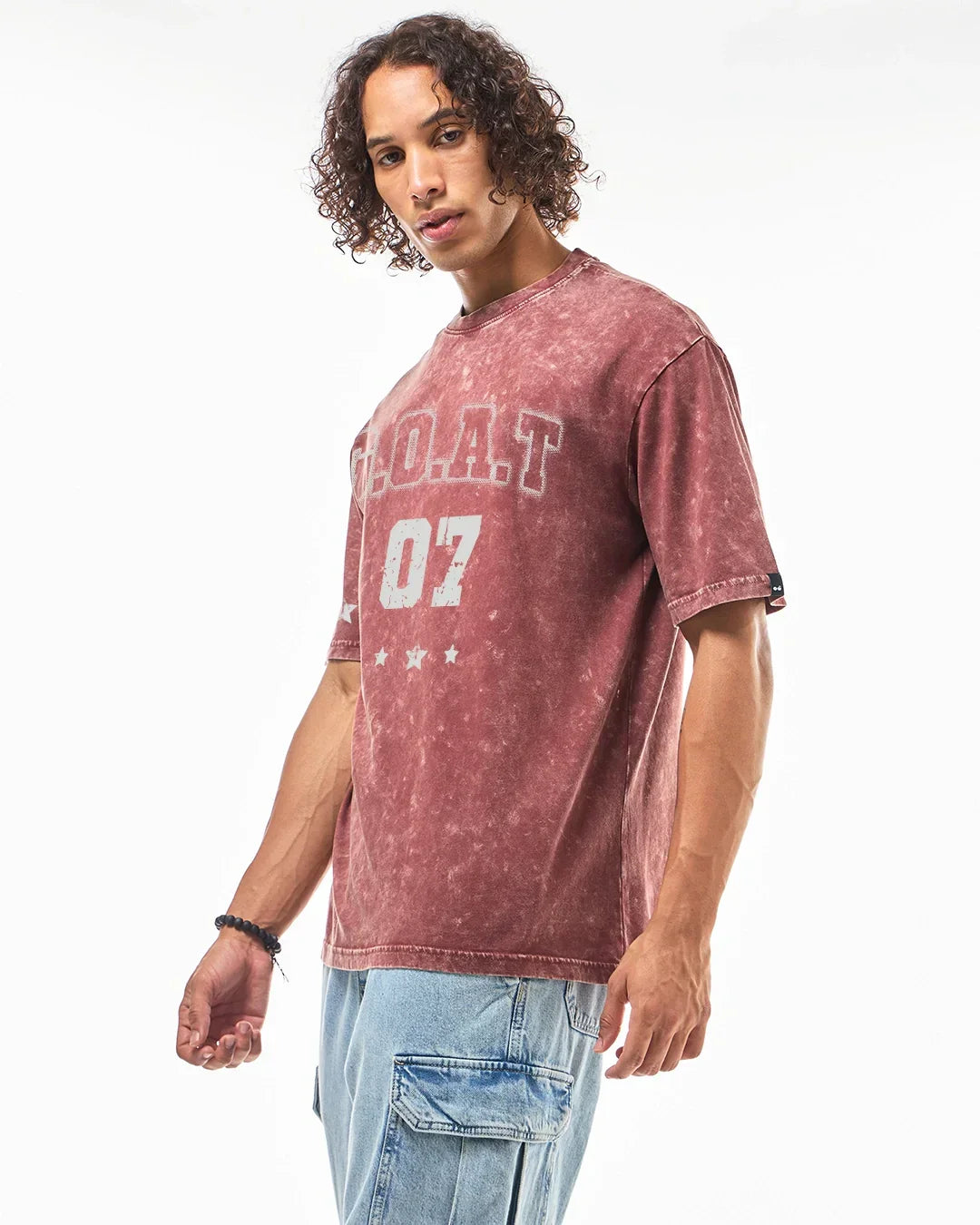 Men's Brick Red Goat 07 Typography Oversized Acid Wash T-shirt